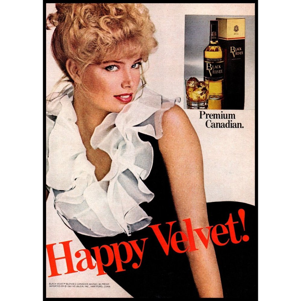 1982 Black Velvet Canadian Whisky Happy Velvet Vintage Print Ad Wall Art Photo